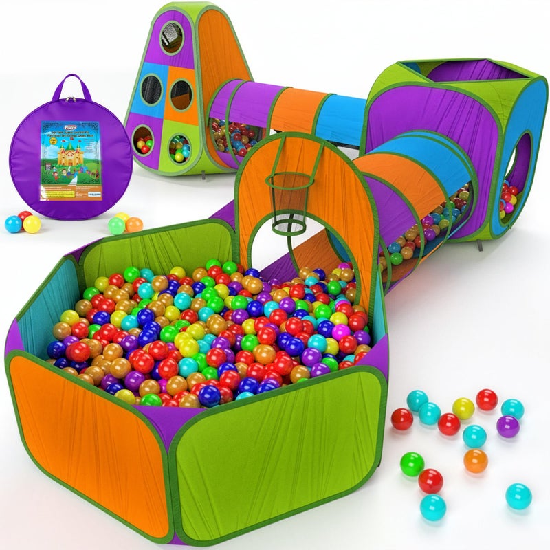 Playz 5-Piece Kids Pop up Play Tent Crawl Tunnel and Ball Pit with Basketball Hoop Playhouse for Boys, Girls, Babies, and Toddlers (Purple, Orange, Yellow, Red, Blue) - Image 1